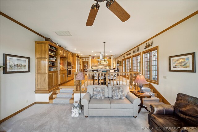 5263 Oak Leaf Dr, Tulsa, OK 74131 - living area featuring ceiling fan, baseboards, light carpet, and recessed lighting