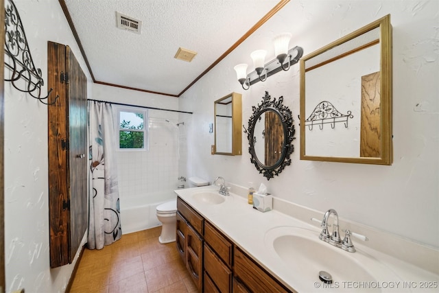 bathroom featuring a textured ceiling, double vanity, shower / tub combo with curtain, crown molding, and toilet