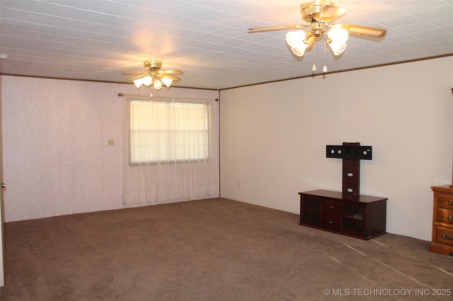 611 Kali Inla, Hartshorne, OK 74547 - unfurnished living room with ceiling fan, carpet flooring, and crown molding