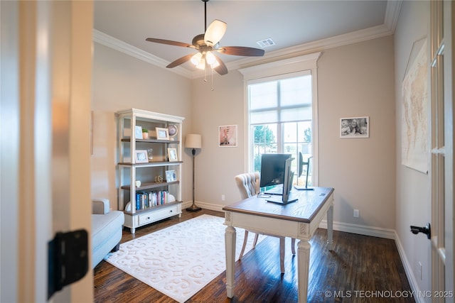 home office featuring crown molding, ceiling fan, dark wood finished floors, and baseboards