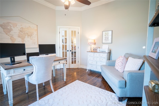 home office with french doors, a ceiling fan, crown molding, wood finished floors, and baseboards