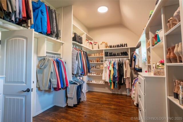 8342 N 149th E Ave, Owasso, OK 74055 - walk in closet featuring dark wood finished floors and lofted ceiling