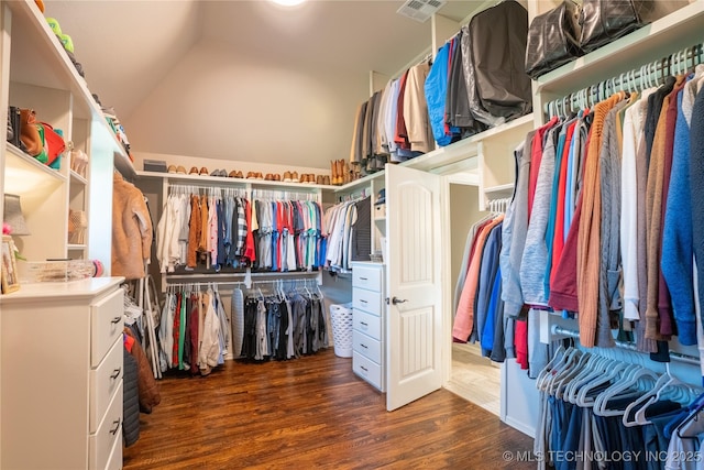 walk in closet featuring wood finished floors and vaulted ceiling