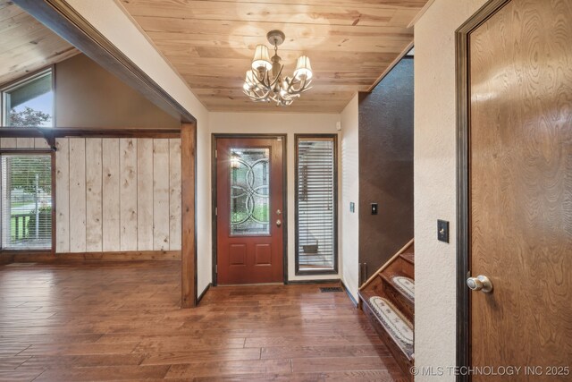 1405 W Huntsville St, Broken Arrow, OK 74011 - foyer with wood ceiling, a chandelier, hardwood / wood-style flooring, baseboards, and stairs