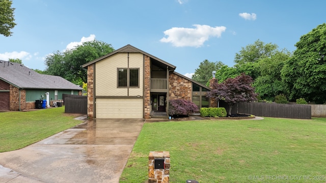 mid-century modern home featuring a balcony, concrete driveway, an attached garage, and stone siding