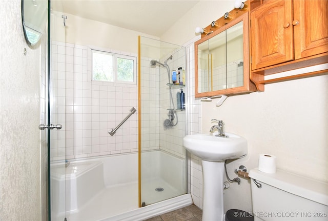 full bathroom featuring a walk in shower, toilet, and a sink