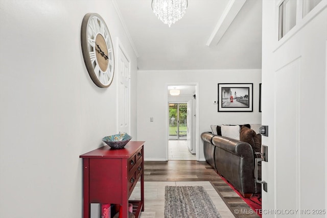 entrance foyer with wood finished floors, ornamental molding, a chandelier, and baseboards