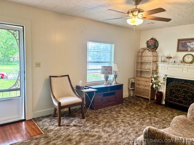 sitting room with healthy amount of natural light, a fireplace, ceiling fan, and carpet flooring