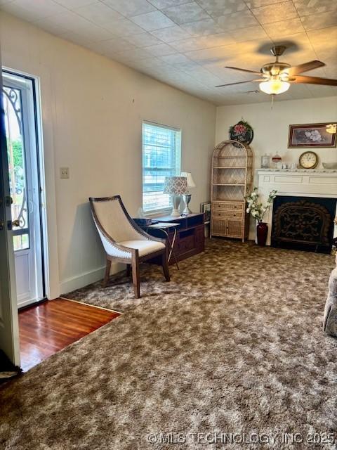 living area with carpet floors, a ceiling fan, and a fireplace