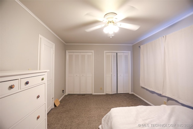 5518 E 46th St Unit 5518, Tulsa, OK 74135 - bedroom with carpet flooring, multiple closets, ornamental molding, baseboards, and ceiling fan