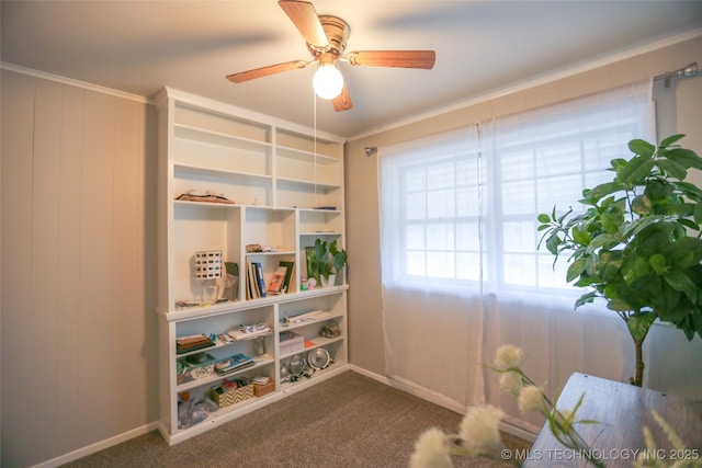 5518 E 46th St Unit 5518, Tulsa, OK 74135 - living area featuring a ceiling fan, carpet floors, and baseboards