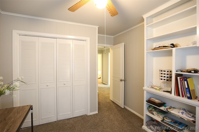 5518 E 46th St Unit 5518, Tulsa, OK 74135 - interior space with crown molding, dark colored carpet, a closet, baseboards, and a ceiling fan