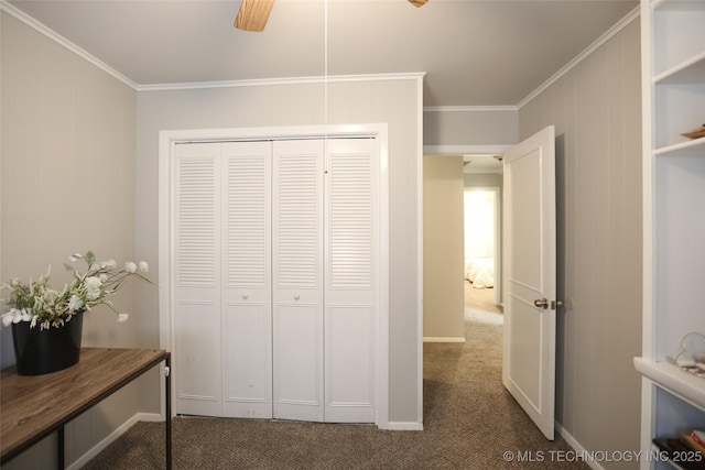 5518 E 46th St Unit 5518, Tulsa, OK 74135 - carpeted bedroom with crown molding, baseboards, a closet, and a ceiling fan