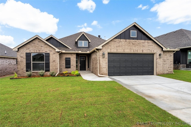 craftsman house with a garage, concrete driveway, board and batten siding, and brick siding