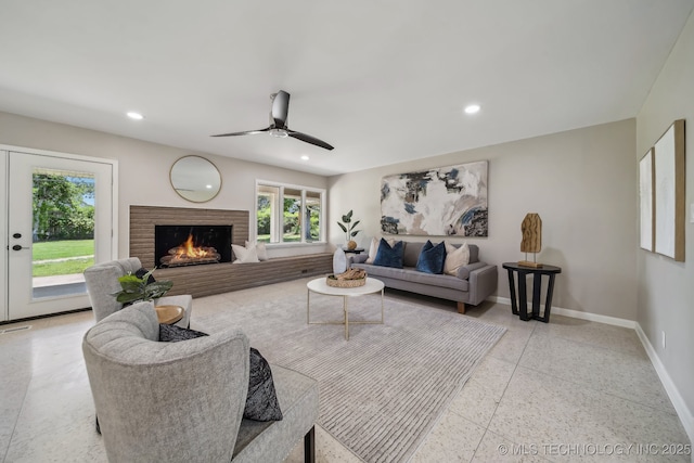 4031 S Birmingham Ave, Tulsa, OK 74105 - living room featuring baseboards, a brick fireplace, ceiling fan, and recessed lighting
