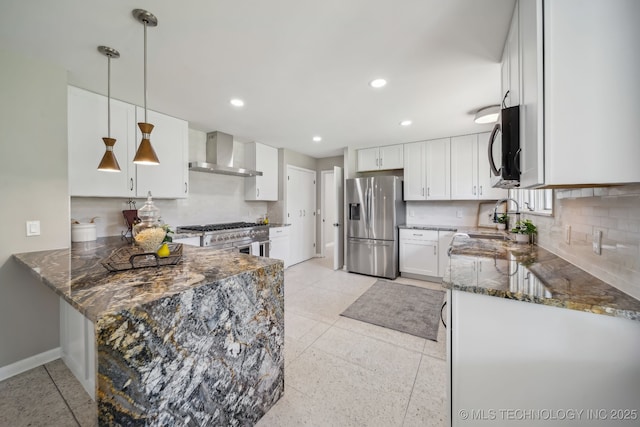 4031 S Birmingham Ave, Tulsa, OK 74105 - kitchen with wall chimney exhaust hood, appliances with stainless steel finishes, dark stone counters, decorative backsplash, and recessed lighting