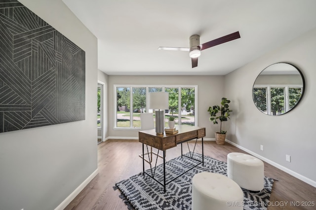 4031 S Birmingham Ave, Tulsa, OK 74105 - office area with wood finished floors, baseboards, and a ceiling fan