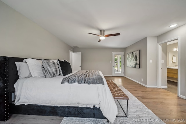 4031 S Birmingham Ave, Tulsa, OK 74105 - bedroom with baseboards, wood finished floors, ceiling fan, and ensuite bathroom