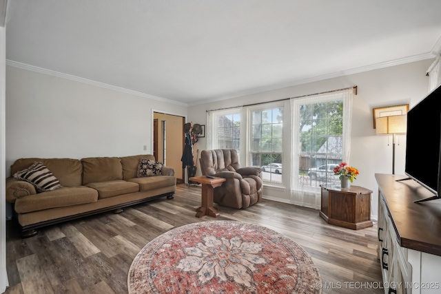 living area featuring wood finished floors, crown molding, and baseboards