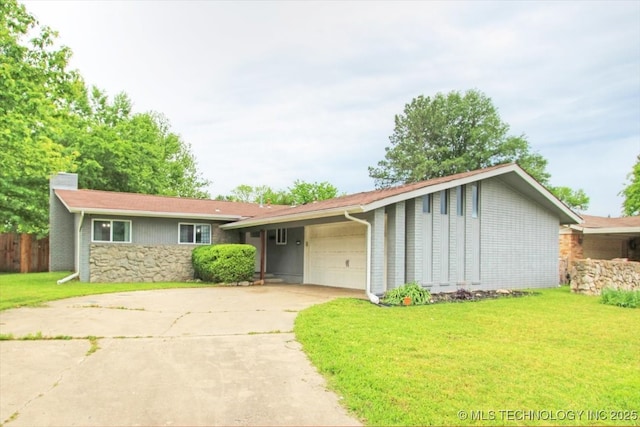 ranch-style home with a garage, stone siding, driveway, and a chimney