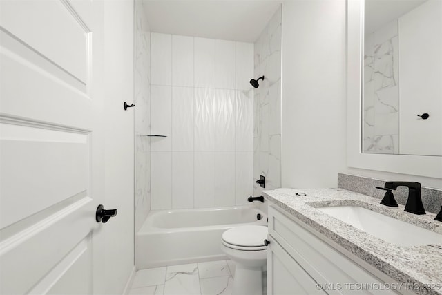 bathroom with marble look tile flooring, toilet, vanity, and washtub / shower combination