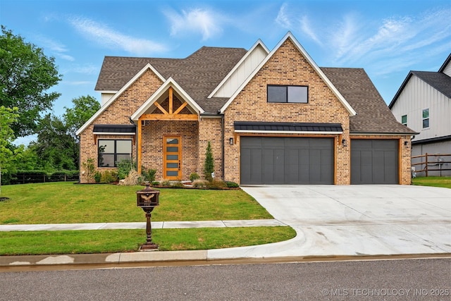 view of front of house featuring brick siding, concrete driveway, an attached garage, roof with shingles, and board and batten siding