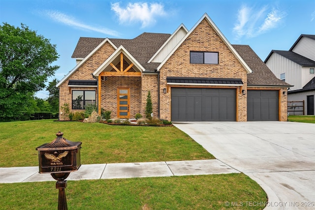 craftsman-style house featuring brick siding, concrete driveway, a front yard, a shingled roof, and board and batten siding