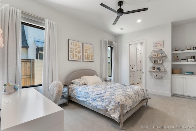 6038 E 119th Pl, Tulsa, OK 74137 - bedroom featuring light carpet, access to exterior, recessed lighting, and ceiling fan
