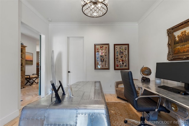 6038 E 119th Pl, Tulsa, OK 74137 - home office featuring crown molding, wood finished floors, and a chandelier
