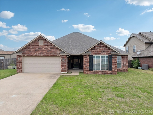 1905 Walnut Hill Ln, Claremore, OK 74019 - ranch-style home with a garage, driveway, roof with shingles, brick siding, and cooling unit