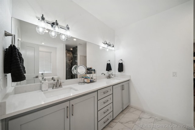 full bath featuring marble finish flooring, double vanity, and a shower with curtain