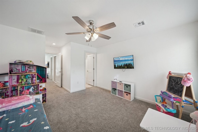 recreation room featuring carpet floors, baseboards, a ceiling fan, and recessed lighting
