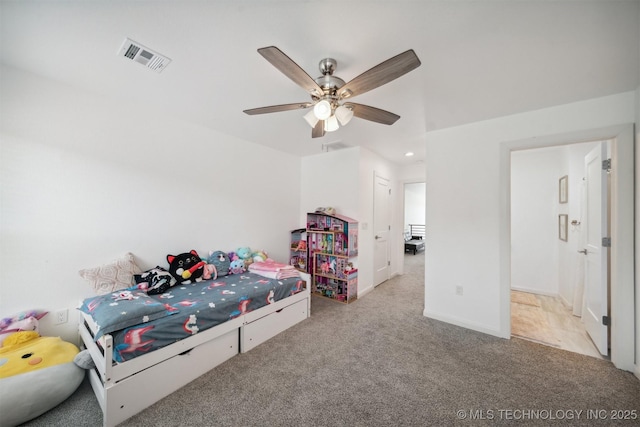 bedroom with carpet floors, recessed lighting, a ceiling fan, and baseboards