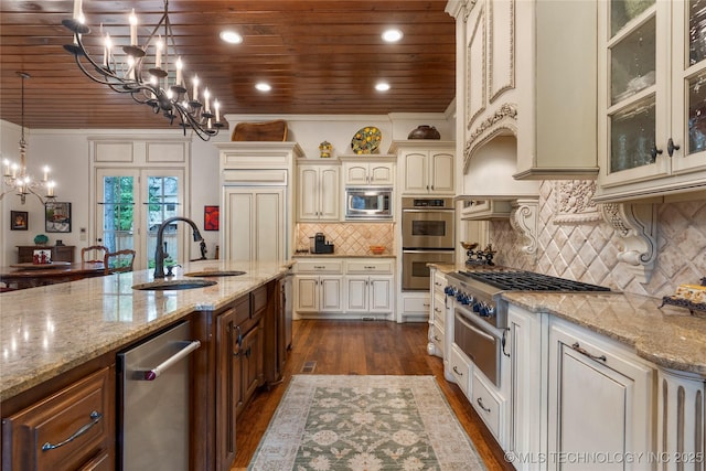 11616 S Hudson Ct, Tulsa, OK 74137 - kitchen with appliances with stainless steel finishes, a chandelier, wooden ceiling, cream cabinetry, and dark wood finished floors