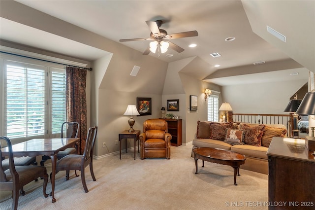11616 S Hudson Ct, Tulsa, OK 74137 - living room featuring a ceiling fan, healthy amount of natural light, light colored carpet, baseboards, and recessed lighting