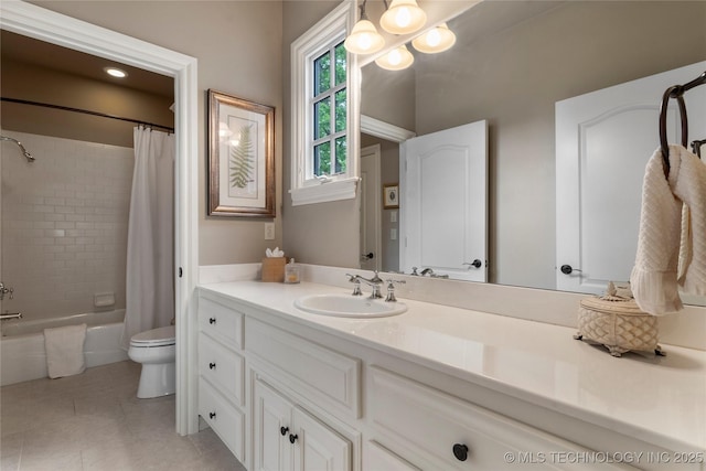 11616 S Hudson Ct, Tulsa, OK 74137 - bathroom with toilet, vanity, shower / tub combo with curtain, and tile patterned flooring