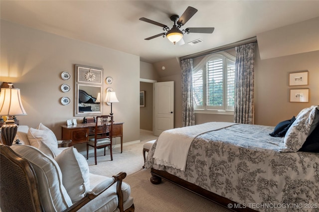 11616 S Hudson Ct, Tulsa, OK 74137 - bedroom with light colored carpet, lofted ceiling, ceiling fan, and baseboards