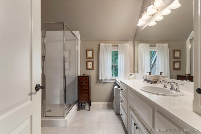 11616 S Hudson Ct, Tulsa, OK 74137 - bathroom featuring a shower stall, tile patterned flooring, vanity, and baseboards