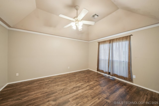4719 S 194th E Ave, Broken Arrow, OK 74014 - empty room with lofted ceiling, ceiling fan, dark wood-style floors, and baseboards