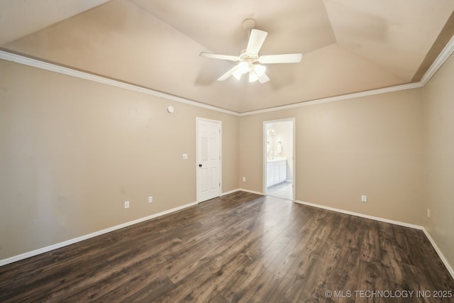 4719 S 194th E Ave, Broken Arrow, OK 74014 - spare room with ceiling fan, dark wood-style floors, crown molding, baseboards, and vaulted ceiling
