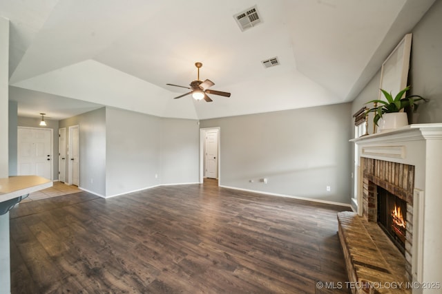 4719 S 194th E Ave, Broken Arrow, OK 74014 - unfurnished living room featuring lofted ceiling, a fireplace, wood finished floors, a ceiling fan, and baseboards