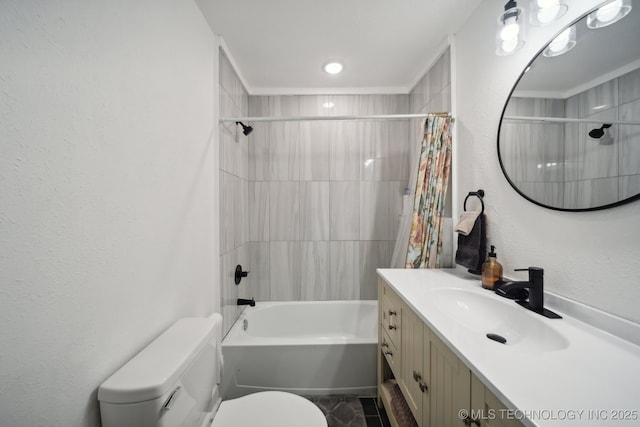 bathroom with toilet, shower / bath combo with shower curtain, and vanity