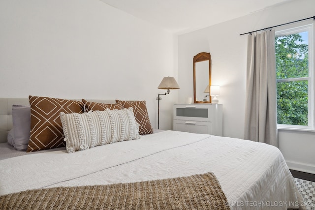 bedroom with multiple windows, baseboards, and wood finished floors