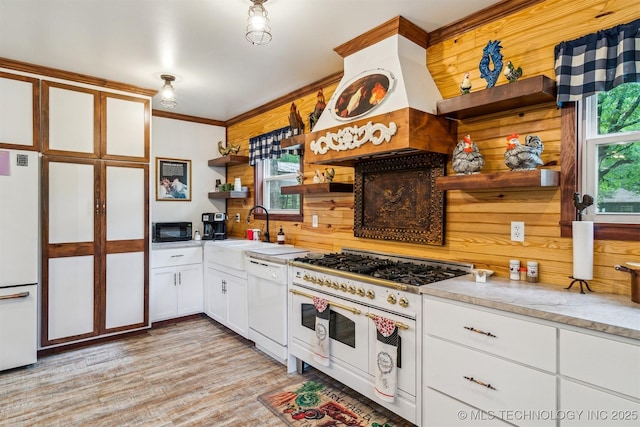 6019 E 620th Rd W, Locust Grove, OK 74352 - kitchen featuring white appliances, open shelves, a sink, white cabinetry, and light wood finished floors