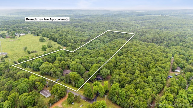 6019 E 620th Rd W, Locust Grove, OK 74352 - aerial overview of property's location with a heavily wooded area and property boundaries highlighted