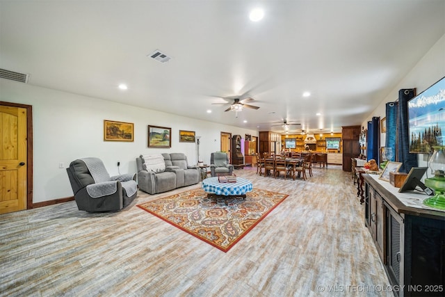 6019 E 620th Rd W, Locust Grove, OK 74352 - living room with recessed lighting, wood finished floors, and ceiling fan