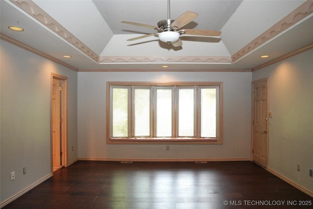 5941 E 87th St, Tulsa, OK 74133 - spare room with lofted ceiling, a tray ceiling, dark wood-style floors, ceiling fan, and ornamental molding
