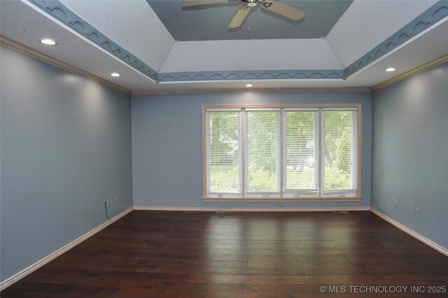 5941 E 87th St, Tulsa, OK 74133 - empty room featuring a raised ceiling, crown molding, ceiling fan, wood finished floors, and baseboards