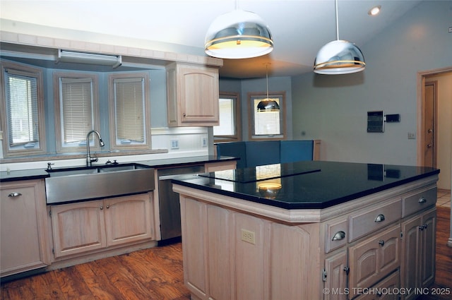 5941 E 87th St, Tulsa, OK 74133 - kitchen featuring a sink, dark countertops, stainless steel dishwasher, light brown cabinets, and recessed lighting