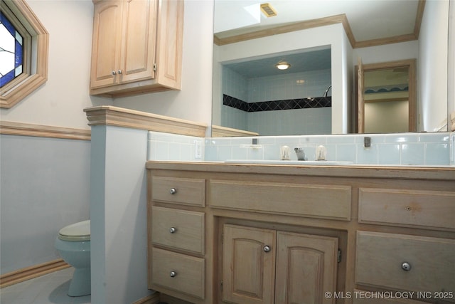 5941 E 87th St, Tulsa, OK 74133 - full bath with toilet, ornamental molding, vanity, and a shower